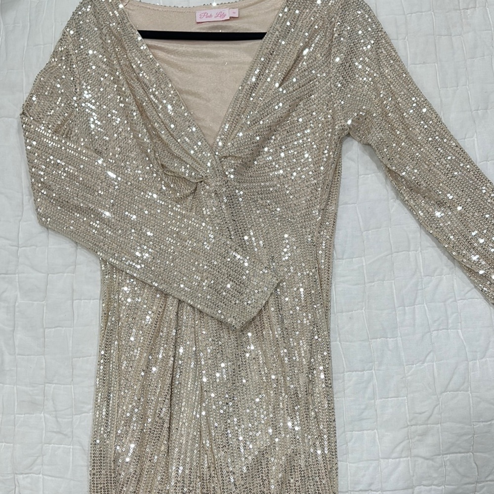 Pink Lily Sequin Midi Dress in Silver and Cream
